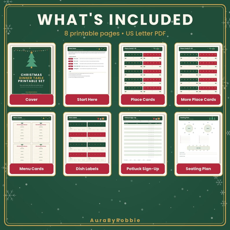 Peut inclure: Un ensemble imprimable num&eacute;rique comprenant huit pages PDF au format US Letter pour un d&icirc;ner de No&euml;l. Il inclut une couverture, des instructions, des marque-places, des menus, des &eacute;tiquettes de plats, une feuille d'inscription et un plan de table.