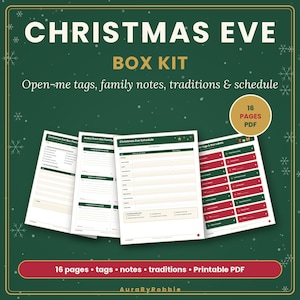 Kit stampabile per la scatola della Vigilia di Natale, etichette "Aprimi stasera", bigliettini per la famiglia, lista delle tradizioni, etichette per gli snack di Babbo Natale, PDF di Natale per bambini immagine 1
