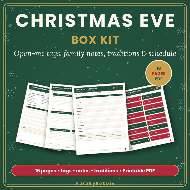 Kit stampabile per la scatola della Vigilia di Natale, etichette "Aprimi stasera", bigliettini per la famiglia, lista delle tradizioni, etichette per gli snack di Babbo Natale, PDF di Natale per bambini immagine 1