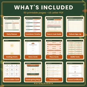 May include: A digital collection of 50 printable US Letter PDF pages featuring a Thanksgiving party planner, countdown timeline, thaw and cook guide, potluck sign-up, seating charts, menu cards, place cards, buffet tents, conversation cards, bingo, trivia, and award certificates.