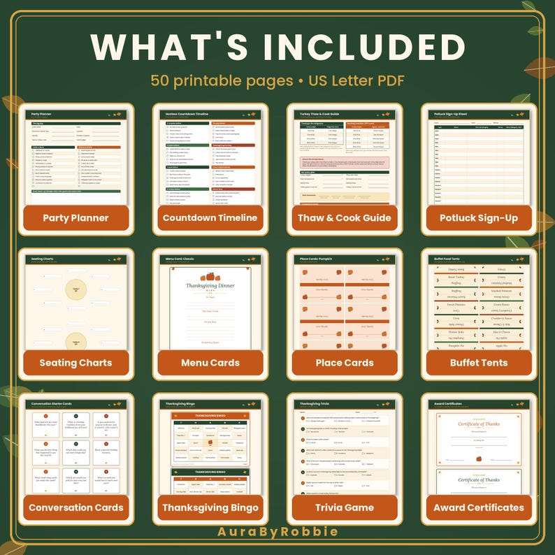 May include: A digital collection of 50 printable US Letter PDF pages featuring a Thanksgiving party planner, countdown timeline, thaw and cook guide, potluck sign-up, seating charts, menu cards, place cards, buffet tents, conversation cards, bingo, trivia, and award certificates.