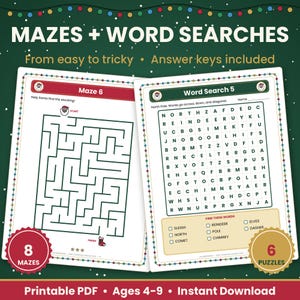 May include: A printable activity pack featuring two pages: Maze 6 with a Santa icon and a stocking, and Word Search 5 with a North Pole theme. The pages include text headers, puzzle grids, and instructions. The design features a festive border.