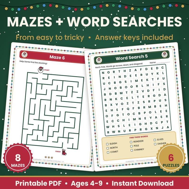 May include: A printable activity pack featuring two pages: Maze 6 with a Santa icon and a stocking, and Word Search 5 with a North Pole theme. The pages include text headers, puzzle grids, and instructions. The design features a festive border.