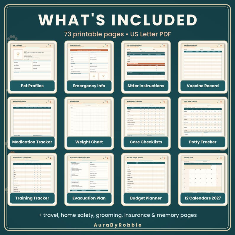 Carpeta para dueños de mascotas y planificador de cuidados imprimible / Registro de cuidados para perros y gatos, historial veterinario, información del cuidador de mascotas, seguimiento de vacunas, calendario 2027 en PDF imagen 2