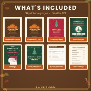 May include: A digital collection of 68 printable US Letter PDF pages titled WHAT'S INCLUDED. The set features eight document covers and templates including a Thanksgiving Planner, Kids Activity Pack, Christmas Meal Planner, Party Games, Gift Tags, Card List Tracker, Turkey Timeline, and a Contents Page.