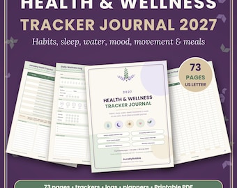 以下が含まれることがあります： ダークパープルの背景に配置された73ページのHealth & Wellness Tracker Journal 2027の印刷可能なPDF。習慣、睡眠、水分、気分、運動、食事を記録するページが含まれており、ブランド名AuraByRobbieが記載されています。
