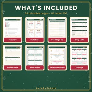Puede incluir: Una colecci&oacute;n digital de 24 p&aacute;ginas imprimibles en formato PDF US Letter para una fiesta de intercambio de galletas. El set incluye una gu&iacute;a de inicio, invitaciones, hoja de registro, planificador, tarjetas de recetas, etiquetas y certificados.