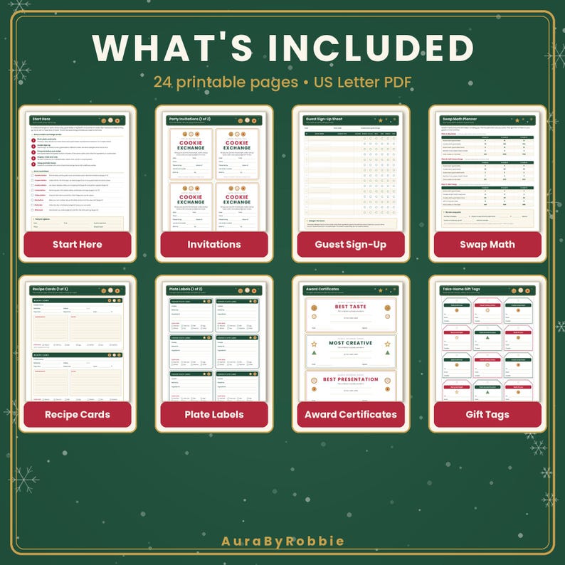 Puede incluir: Una colecci&oacute;n digital de 24 p&aacute;ginas imprimibles en formato PDF US Letter para una fiesta de intercambio de galletas. El set incluye una gu&iacute;a de inicio, invitaciones, hoja de registro, planificador, tarjetas de recetas, etiquetas y certificados.