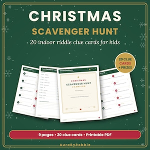 May include: A Christmas scavenger hunt kit featuring 20 indoor riddle clue cards, a hunt checklist, and a winner certificate. The printable PDF set includes 9 pages with text reading Christmas Scavenger Hunt, 20 Clue Cards + Prizes, and AuraByRobbie.