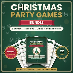 May include: A Christmas party games bundle featuring 22 pages of printable PDF content. The dark green background displays white snowflakes and the text CHRISTMAS PARTY GAMES BUNDLE. Includes 6 games for families and office parties.