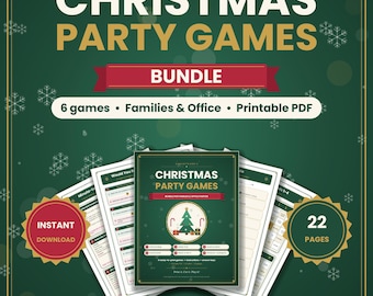 May include: A digital bundle of Christmas party games featuring 6 printable PDF activities for families and office events. The set includes 22 pages with answer keys, presented on a dark green background with white snowflake patterns and gold text.