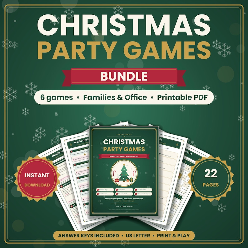 May include: A Christmas party games bundle featuring 22 pages of printable PDF content. The dark green background displays white snowflakes and the text CHRISTMAS PARTY GAMES BUNDLE. Includes 6 games for families and office parties.