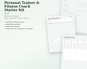 Może przedstawiać: Zestaw startowy 6 w 1 dla trenerów personalnych i instruktorów fitness zawierający edytowalne dokumenty gotowe do druku. Zawiera formularz wywiadu z klientem, umowę treningową, szablon faktury, kartę sesji, dziennik postępów oraz szablon planu treningowego.