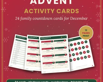Advent Activity Cards Printable, 24 Christmas Countdown Cards, Family December Activities, Kindness Cards, Kids Advent Ideas PDF