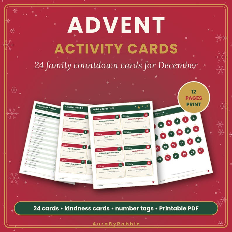 Advent Activity Cards Printable, 24 Christmas Countdown Cards, Family December Activities, Kindness Cards, Kids Advent Ideas PDF image 1