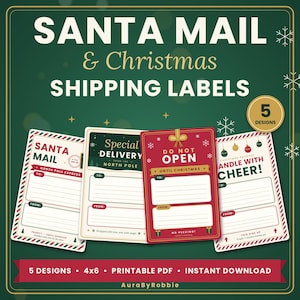 May include: A set of four rectangular Christmas shipping labels with festive designs in red, green, and cream. The labels feature text including SANTA MAIL, SPECIAL DELIVERY FROM THE NORTH POLE, DO NOT OPEN UNTIL CHRISTMAS, and HANDLE WITH CHEER.