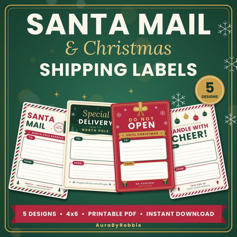 May include: A set of four rectangular Christmas shipping labels with festive designs in red, green, and cream. The labels feature text including SANTA MAIL, SPECIAL DELIVERY FROM THE NORTH POLE, DO NOT OPEN UNTIL CHRISTMAS, and HANDLE WITH CHEER.