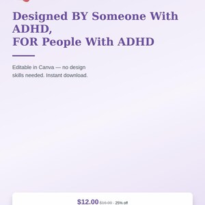 Może przedstawiać: Cyfrowa oferta produktu na jasnofioletowym tle z r&oacute;żową ikoną m&oacute;zgu i tekstem: AURABYROBBIE, Designed BY Someone With ADHD, FOR People With ADHD, Editable in Canva &mdash; no design skills needed. Instant download.