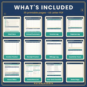 May include: A digital collection of 35 printable pages in US Letter PDF format titled WHAT'S INCLUDED. The set features twelve document templates including Start Here, Annual Summary, Income Log, Expense Log, Invoice Tracker, Receipt Tracker, Mileage Log, Quarterly Taxes, Home Office, Deductions List, Year-End Checklist, and Notes Page.
