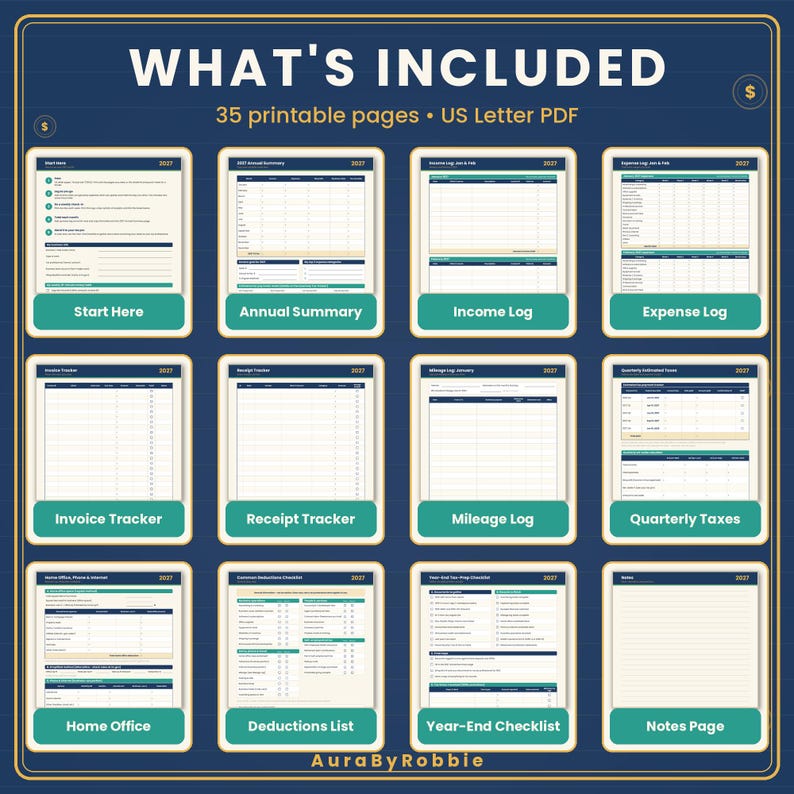 May include: A digital collection of 35 printable pages in US Letter PDF format titled WHAT'S INCLUDED. The set features twelve document templates including Start Here, Annual Summary, Income Log, Expense Log, Invoice Tracker, Receipt Tracker, Mileage Log, Quarterly Taxes, Home Office, Deductions List, Year-End Checklist, and Notes Page.
