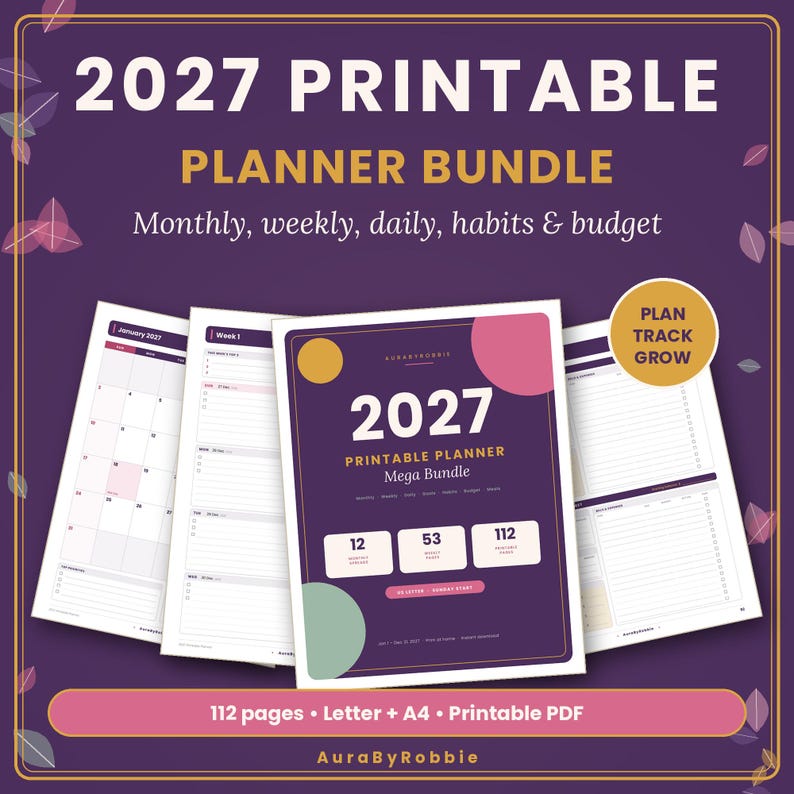 May include: A 2027 printable planner bundle featuring monthly, weekly, daily, habit, and budget tracking pages. The digital document includes 112 pages in Letter and A4 sizes, with a purple cover design, gold accents, and a Plan Track Grow badge.