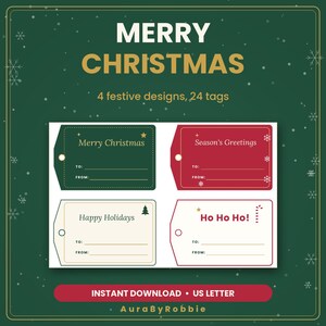 Christmas Gift Tags Printable, 24 Holiday Gift Tags with To and From Lines, 4 Designs, PDF Instant Download image 3