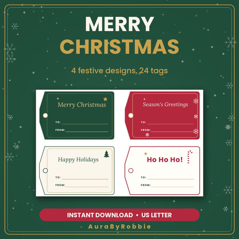 Christmas Gift Tags Printable, 24 Holiday Gift Tags with To and From Lines, 4 Designs, PDF Instant Download image 3