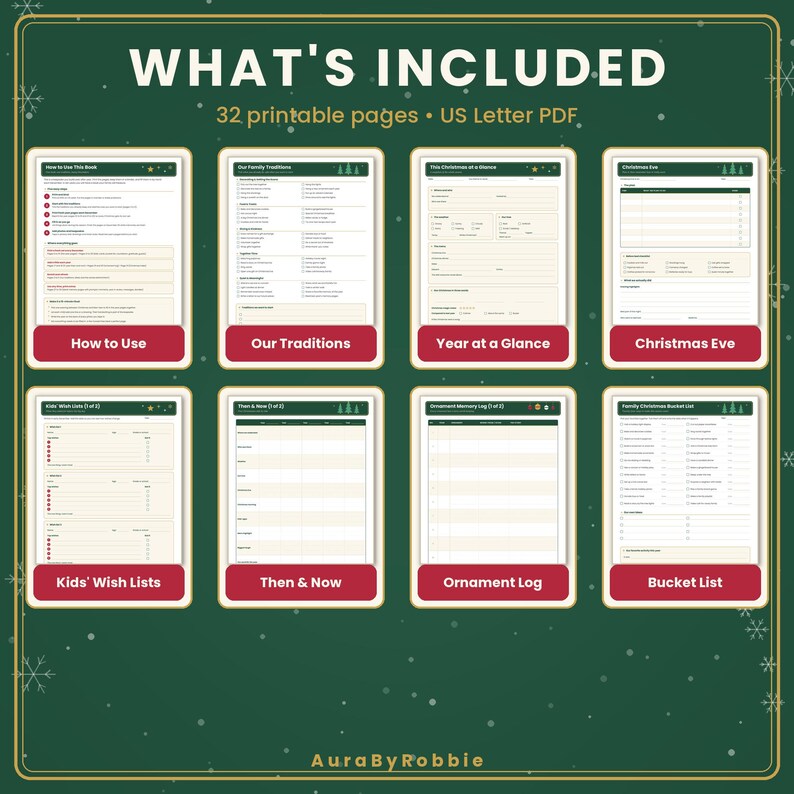 Printbaar kerstherinneringsboek voor het gezin, dagboek met kersttradities, jaarlijks aandenken-scrapbook, lijst met kerstversieringen, verlanglijstje voor kinderen (pdf) afbeelding 2
