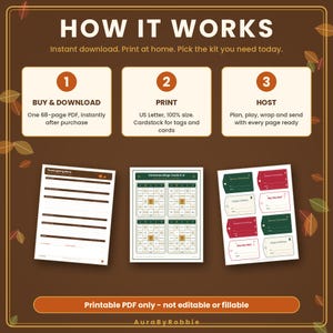May include: A digital instructional graphic titled HOW IT WORKS with three steps: 1. BUY & DOWNLOAD, 2. PRINT, 3. HOST. It displays a 68-page PDF, US Letter size, featuring a Thanksgiving menu, Christmas bingo cards, and holiday gift tags.