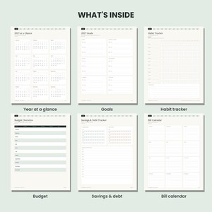 May include: A digital planner layout featuring six distinct pages titled What's Inside, 2027 at a Glance, 2027 Goals, Habit Tracker, Budget Overview, Savings & Debt Tracker, and Bill Calendar. The pages use a clean, white background with black text.