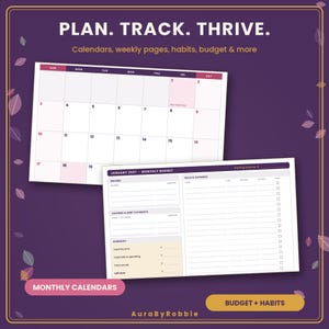 May include: A digital planner set featuring a monthly calendar page and a January 2027 monthly budget sheet. The text reads PLAN. TRACK. THRIVE. Calendars, weekly pages, habits, budget & more. The background is dark purple with small leaf icons.
