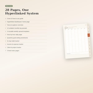 May include: A digital planner with 28 pages and a hyperlinked system. The text lists features including a cover, dashboard, year-at-a-glance, 12 monthly logs, 4 weekly templates, daily pages, goal worksheets, habit, income, and project trackers.
