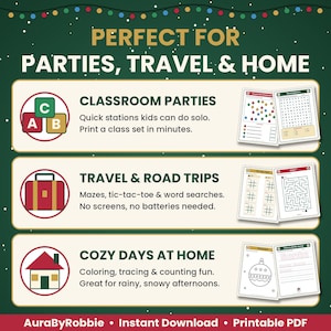 May include: A digital flyer with a dark green background and festive lights, featuring three sections for printable activity sheets. Text includes: PERFECT FOR PARTIES, TRAVEL & HOME, CLASSROOM PARTIES, TRAVEL & ROAD TRIPS, COZY DAYS AT HOME, and AuraByRobbie.