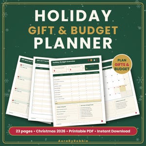 May include: A Holiday Gift & Budget Planner with 23 pages, featuring a dark green background with white snowflakes. The planner includes sections for gift ideas, tracking, budget overview, and a calendar for Christmas 2026 in a printable PDF format.