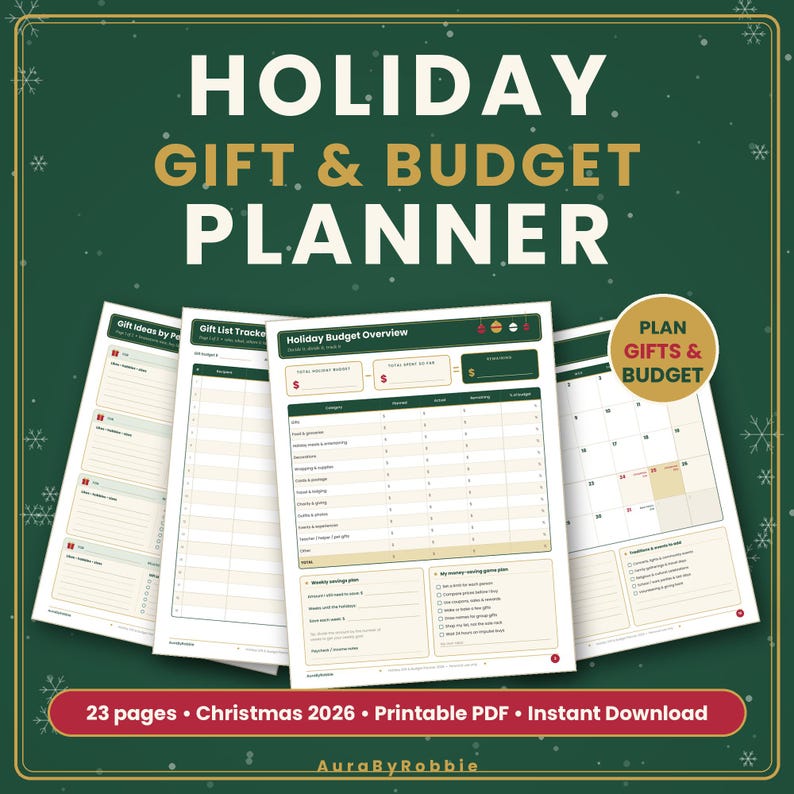 May include: A Holiday Gift & Budget Planner with 23 pages, featuring a dark green background with white snowflakes. The planner includes sections for gift ideas, tracking, budget overview, and a calendar for Christmas 2026 in a printable PDF format.