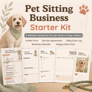 Peut inclure: Un kit de démarrage pour entreprise de garde d'animaux comprenant cinq modèles modifiables : formulaire d'admission, contrat de service, journal de soins, calendrier de réservation et publication client. Illustration de chiot et patte.