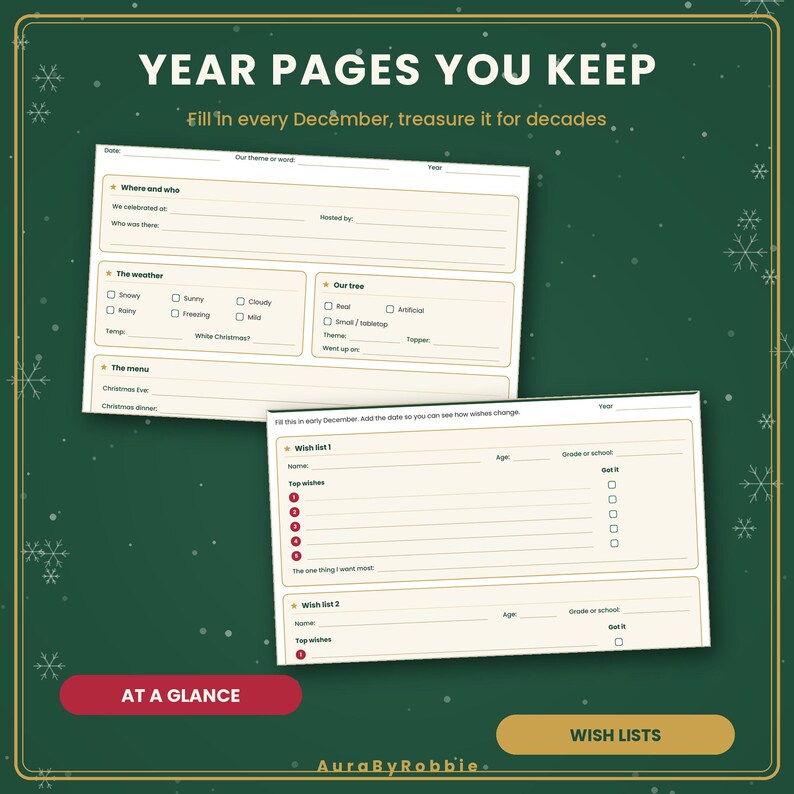 Printbaar kerstherinneringsboek voor het gezin, dagboek met kersttradities, jaarlijks aandenken-scrapbook, lijst met kerstversieringen, verlanglijstje voor kinderen (pdf) afbeelding 3