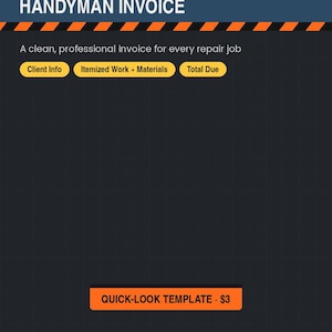 May include: A digital handyman invoice template featuring a dark gray grid background with a blue header. Text includes AURABYROBBIE - QUICK-LOOK TEMPLATE, HANDYMAN INVOICE, and labels for Client Info, Itemized Work + Materials, and Total Due in yellow.