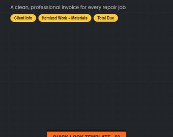 May include: A digital handyman invoice template featuring a dark gray grid background with a blue header. Text includes AURABYROBBIE - QUICK-LOOK TEMPLATE, HANDYMAN INVOICE, and labels for Client Info, Itemized Work + Materials, and Total Due in yellow.