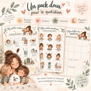 May include: A set of three illustrated educational charts featuring soft watercolour drawings of children and a dog. The charts include text in French such as Ma petite routine, Mes cartes émotions, and Mon tableau des émotions, with various icons and grids for daily tracking.