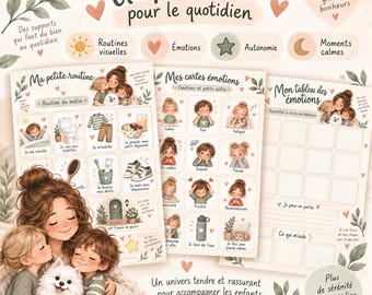Peut inclure: Un ensemble de trois affiches éducatives illustrées avec des dessins aquarelles doux d'enfants et d'un chien. Les supports incluent les textes Ma petite routine, Mes cartes émotions et Mon tableau des émotions, accompagnés d'icônes et de grilles de suivi.