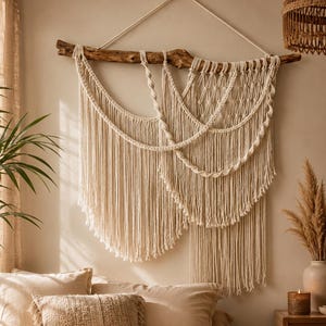 Peut inclure: Une grande tenture murale en macramé blanc cassé suspendue à une branche de bois naturel. La pièce présente des motifs noués complexes, des accents de corde torsadée et de longues franges fluides créant un design asymétrique superposé.
