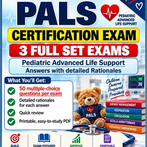 May include: A digital study guide for the PALS Certification Exam featuring a brown teddy bear wearing a PALS shirt, a stethoscope, and a stack of books labelled Airway Management, Respiration, Circulation, ECGs & Arrhythmias, and Pediatric Emergencies.
