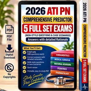 Puede incluir: Una descarga digital del 2026 ATI PN Comprehensive Predictor, que incluye 5 exámenes completos con preguntas estilo NGN, casos prácticos y explicaciones detalladas. La imagen muestra una pila de cinco libros de colores y un estetoscopio.