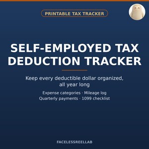 Puede incluir: Un documento digital azul oscuro titulado Printable Tax Tracker y Self-Employed Tax Deduction Tracker. Incluye texto sobre la organización de gastos deducibles, categorías de gastos, registro de kilometraje y pagos trimestrales.