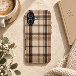 Brown Plaid Phone Case, Neutral Checkered Case for iPhone, Samsung Galaxy