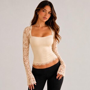 Women's Floral Lace Crop Top | Sheer Sleeve Fitted Shirt | Street Style Patchwork Lace Blouse