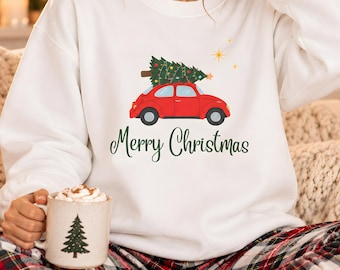 Merry Christmas Sweatshirt, Christmas Tree Car Crewneck, Vintage Christmas Sweater, Christmas Holiday Crewneck, Winter Outfit, Family Xmas