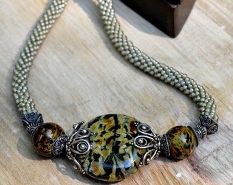 Ceramic Tortoise Pendant and Crochet Rope Necklace