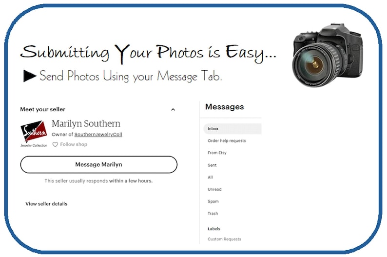 May include: A screenshot of an Etsy shop page showing instructions on how to submit photos to a seller. The text reads "Submitting Your Photos is Easy... Send Photos Using your Message Tab." The page also shows a button to message the seller, Marilyn Southern, and a list of message options.